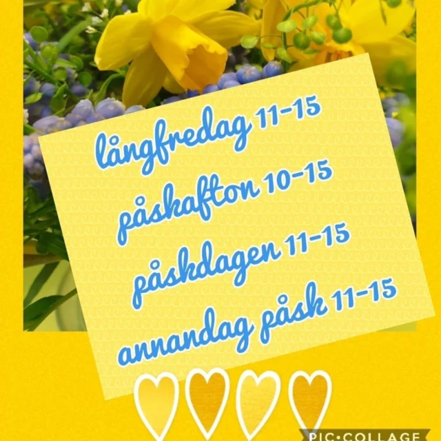 Öppet hela påsken 🐣
Vard 9-18. Lördag 10-15. Söndag 11-15. 
Långfredag 11-15. Påskafton 10-15.  Påskdagen 11-15. Annandag påsk 11-15 
Välkommen till oss I Kullavik